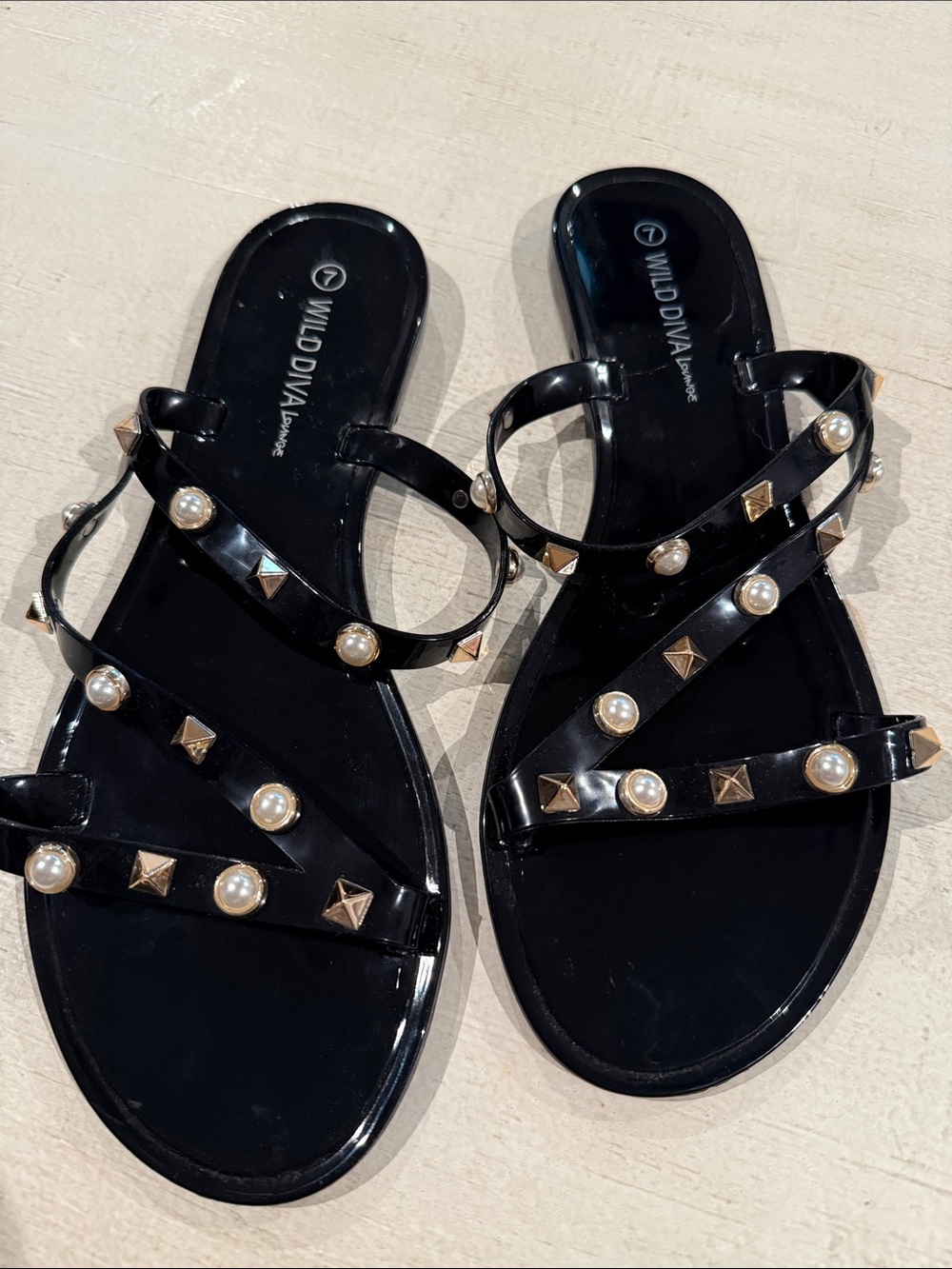 Wild Diva Black Pearl & Stud Strappy Slide Sandals